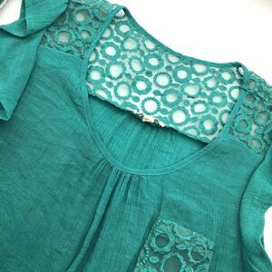 Anthropologie E Hanger M Lace Blouse Top Aqua Women's Size Large Deep V-Neck